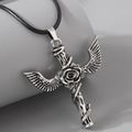 Vintage gothic wing and cross pendant necklace with rose detail on black cord - Flower Wing