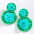 Bohemian style floral drop earrings with blue organza flowers and green raffia base - Green
