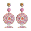 Bohemian style rainbow woven round dangle earrings for women in colorful raffia design - Rainbow Disk / Colorful