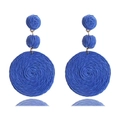 Bohemian blue raffia tiered round drop earrings with three-layer woven circular design - Dark Blue Three-tier Disc / Blue
