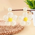 Bohemian daisy petal drop earrings with white woven petals and yellow stamen on branch - White Daisy Style / Beige