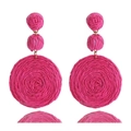 Bohemian triple-tier round woven drop earrings in vibrant rose pink with gold metal links - Rose Pink Three-tier Drop / Rose Red