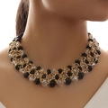Elegantes gewebtes zweireihiges Perlen- und Kristall-Chokerhalsband in Gold und Schwarz - Schwarz Weiß