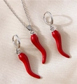 Parure bijoux trois pièces piment rouge avec collier argenté et créoles élégantes - Parure de bijoux piment (Collier + Boucles d'oreilles)