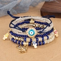 Ethnic Evil Eye and Hamsa Hand beaded multi-layer bracelet set with gold heart charm - 6-Piece Set / Navy Blue