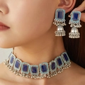 Detail of vintage bohemian choker and earrings set with blue stones and bell tassels - Antique Silver Navy Blue