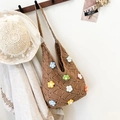 Brown handmade crochet tote bag with colorful knitted flower patches on white background - Upgraded Edition (3D Colorful Flowers) / Khaki