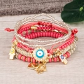 Bohemian multi-layer bracelet set with red beads, Hamsa Hand, and Evil Eye charms - 6-Piece Set / Rose Red