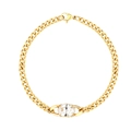 Macro view of gold plated cuban chain bracelet featuring a large oval cubic zirconia pendant - Oval Clear Zircon Style (B2032-GO-W)