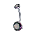 Detail of three-prong set purple iridescent cubic zirconia on a curved titanium navel ring - Multicolor Purple Zircon (BJ002-M)