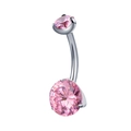 Titanium navel piercing ring with two pink round cubic zirconia stones on white base - Pink Zircon (BJ002-RP)
