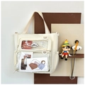Close-up of cream white tote bag with clear front pockets and glossy waterproof finish - White