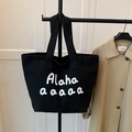 Black canvas tote bag with white cursive lettering print and large capacity design - Black