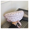 Close-up of pink quilted waist bag with black letter embroidery and adjustable strap - Purple