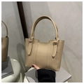 Detailed macro view of beige lychee grain leather texture and gold-tone metal buckles - Khaki