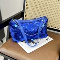 Borsa a mano con paillettes blu brillante con catena argento e manico in pelle - Blu
