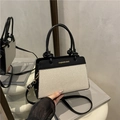 Sac à main en lin contrasté noir et beige avec bandoulière réglable amovible - Noir/Beige Patchwork