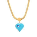 Détail de la chaîne serpent dorée avec pendentif cœur bleu clair et motif œil protecteur - Collier à Chaîne Serpent Mauvais Œil Cœur Bleu (N2181)