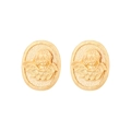 Macro detail of gold oval earrings with embossed angel Cupid design and vintage texture - Vintage Oval Angel Relief Stud Earrings (E1159-GO)