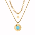 Détail du collier doré double rang avec breloque étoile et pendentif turquoise rond - Style Double Couche Étoile et Disque (N2168-GO)