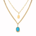 Détail du collier doré vintage à deux rangs avec pendentif turquoise et chaîne trombone - Style Chaîne Trombone Double Couche Ovale (N2170-GO)