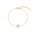 Close-up of gold stainless steel bracelet with a light blue stone and crystal halo - Gold Light Blue Stone Bracelet (B2324-GO-BLB)