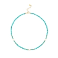 Detailed macro view of blue beaded necklace featuring white pearls and golden lobster clasp - Cyan Faceted Artificial Pearl Style (N2377-GO-B)