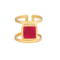 Golden titanium steel open ring featuring a square rose red stone and hammered texture - Rose Red Square Gem Hammered Open Style (R634-GO-R)