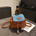 Mini vintage backpack in brown PU leather and blue denim with drawstring and top handle - Brown