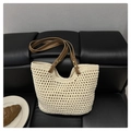 Detailed knit texture of handmade beige crochet tote bag with brown leather handles - With Lining