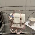 Pink and beige contrast color vintage mini backpack with bear charm and cartoon art - With Pendant / Pink