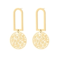 Detailed macro view of gold hollow leaf patterned geometric pendant earrings with a polished finish - Geometric Arch Hollow Disc Style (E1045)