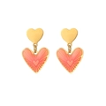 Elegant gold and pink double heart drop earrings with radiant enamel texture - Pink Double Heart Earrings (E1571-GO)