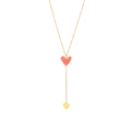 Detailed Y-shaped gold necklace with red enamel sunburst heart and solid gold heart pendant - Red Heart Necklace (N2508-GO)