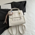 Chic beige PU leather backpack with cute bear prints and a plush bear charm detail - With Pendant / White