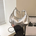 Borsa a mezzaluna argento con manico a corda intrecciata e dettaglio in rilievo - Senza Ciondolo / Argento - Senza Ciondolo