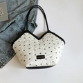 Quilted white tote bag with black bow patterns and V-neck opening for women - White & Black (No Charm)