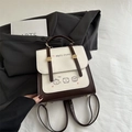 Vintage two-tone beige and coffee brown PU leather backpack with gold metal clasp - Without Pendant / Brown