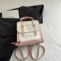 Pink and white color block PU leather backpack featuring cute bear graphics and gold buckle - Without Pendant / Pink
