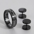 Men's matte black stainless steel jewelry set including grooved ring and stud earrings - Minimalist Round Style (3090601)