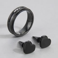 Men's minimalist black stainless steel jewelry set with wide band ring and heart studs - Heart Style (3090602)