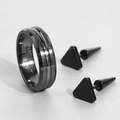 Men's minimalist black stainless steel jewelry set featuring a band ring and stud earrings - Triangle Geometric Style (023090603)