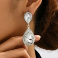 Elegant silver teardrop earrings with sparkling crystals shown on a model side profile - Water Drop (Water Drop 080922518)