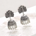 Vintage silver peacock jhumka earrings with heart cutouts and bead tassels for women - Peacock Opening Style