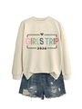 Detail view of beige Girls Trip 2026 sweatshirt with leopard heart and frayed denim shorts - S / Sand Top And Blue Shorts