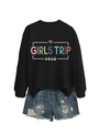 Flat lay of a black Girls Trip 2026 sweatshirt paired with distressed blue denim shorts - S / Black Top + Blue Shorts