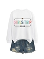 Close-up of Girls Trip 2026 white sweatshirt with leopard heart and blue denim shorts - S / White Top + Blue Shorts