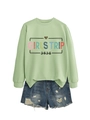 Detail of Girls Trip 2026 sweatshirt with rainbow text and leopard print heart graphic - S / Olive Green Top And Blue Shorts