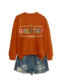 Detail of Girls Trip 2026 sweatshirt with leopard heart print and denim shorts - S / Burnt Orange Top And Blue Shorts