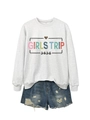 Detail of Girls Trip 2026 sweatshirt with leopard heart and distressed denim shorts - S / Light Grey Top And Blue Shorts
